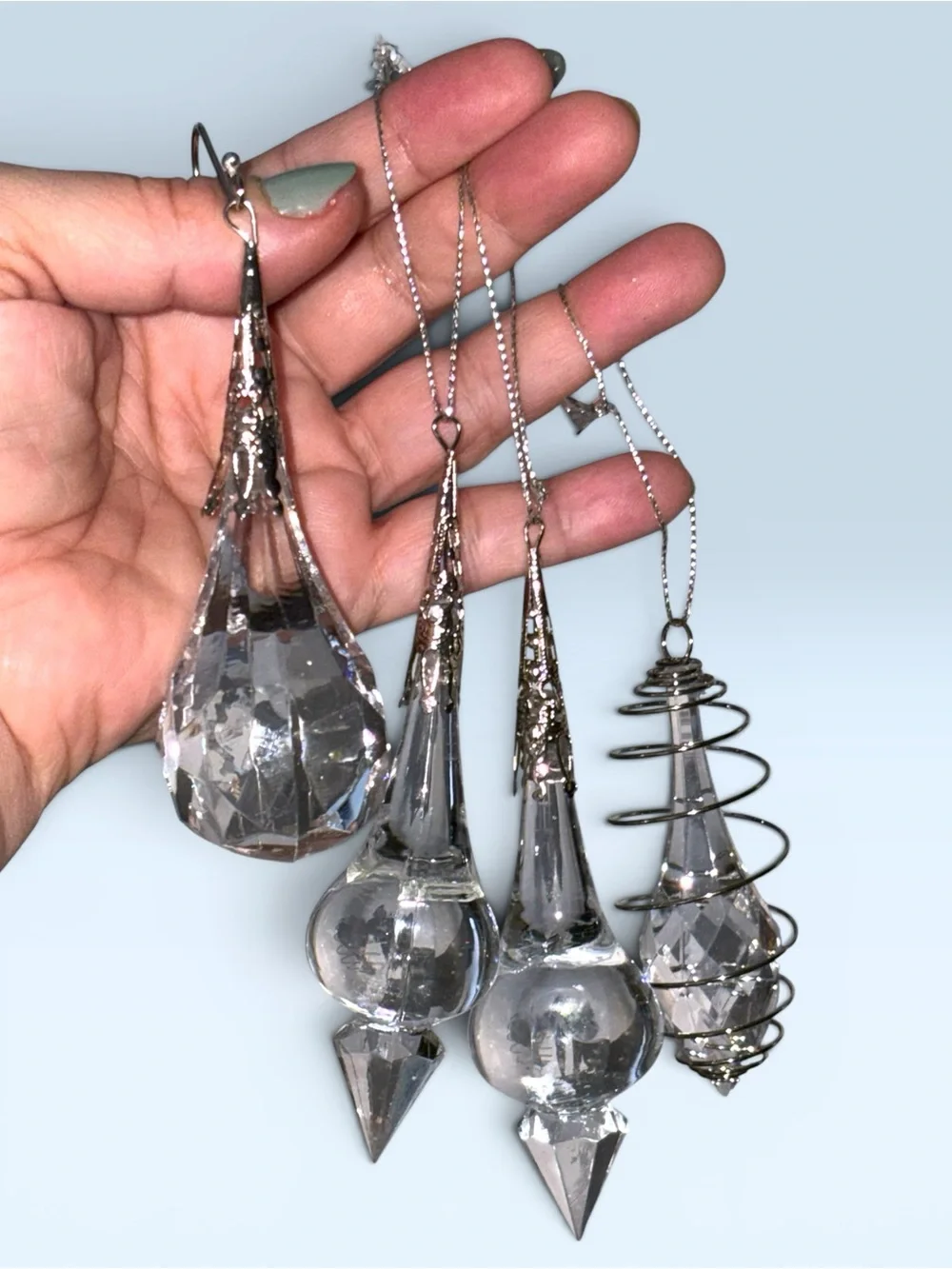 VTG Dazzling Drop Christmas ornaments Lot Of 4  Faceted Acrylic Silver Top